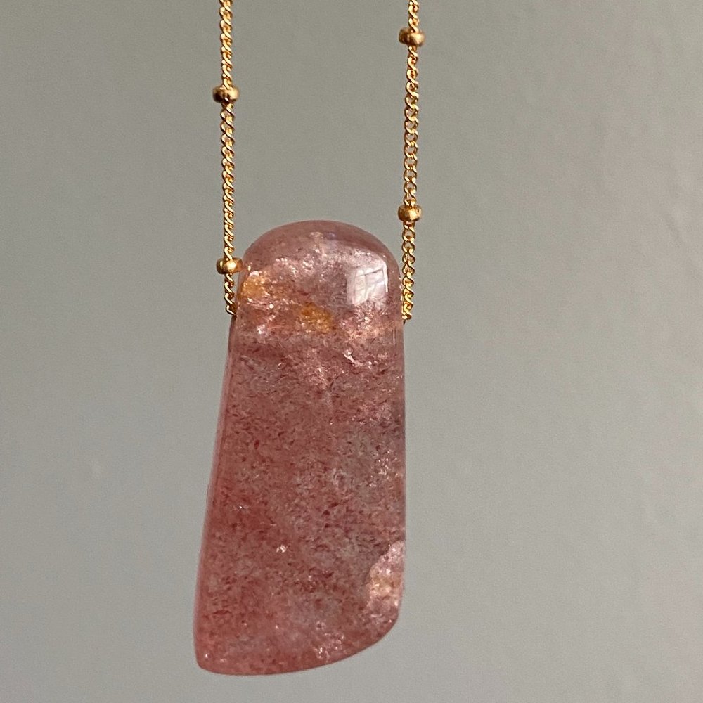Pratt Daddy Strawberry Quartz Pendant with 14k Gold filled ball station chain